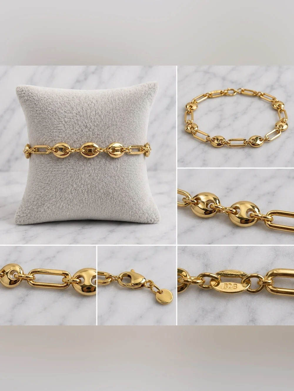 18K Gold Filled Gucci Puff Mariner & Paperclip Link Bracelet 7.5” NWOT